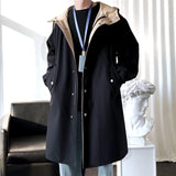 FOESCE Trench Men Fashion Turn Down Collar Hooded Trenchcoat Autumn Single-breasted Loose Windbreaker Casual Overcoat Fake Two Piece
