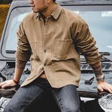FOESCE Maden Vintage Khaki Jackets for Men Loose Cotton Solid Chore Coat Amekaji Cargo Casual Jacket Man Clothing