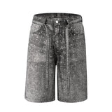FOESCE Streetwear Full Rhinestone Print Baggy Jeans Shorts for Men Ripped Hole Washed Short Casual Loose Denim Five Point Pants