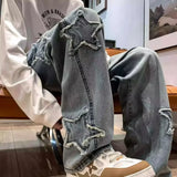 FOESCE Stars Patchwork Men Jeans New Fashion Y2K Tassel Pants Korea Clothes Straight Hip Hop Splicing Trousers Male Streetwear