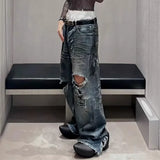 FOESCE Frayed Damaged Hole Baggy Wide Leg Jeans for Men and Women Streetwear Casual Ropa Hombre Denim Trousers Oversized Cargo Pants
