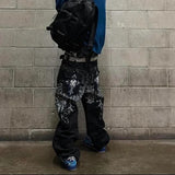 FOESCE Hip Hop Fashion Y2k Street High Waist Gothic Skull Geometry Men Jeans American Retro Couples Straight Loose Pants