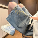 Trendy Chinese Style High Street Embroidery Denim Shorts For Men Summer Thin Straight Leg Loose Fit Casual Mid Waist Jeans