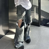FOESCE Frayed Damaged Hole Baggy Wide Leg Jeans for Men and Women Streetwear Casual Ropa Hombre Denim Trousers Oversized Cargo Pants