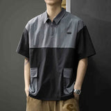 FOESCE Summer Men's Patchwork Half Zip Short Sleeve Polo T Shirt Casual Lapel Pocket Cargo Golf Wear High Street Fashion Polos Hombre