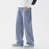 FOESCE Korean Solid Colors Men's Casual Long Jeans Classic Man Four Seasons Straight Denim Wide-leg Pants Light Blue Grey Black S-3XL