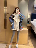 FOESCE Turn Down Collar Coats Patchwork Contrast Color Warm Thicken Lambswool Pockets Jackets Zipper All Match Elegant Vintage Tops