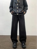 FOESCE 2025 Lace up wide leg jeans for men's autumn American hip-hop loose casual pants, trendy Instagram washed floor mop pants