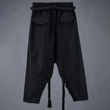 FOESCE Men Summer Black Linen Harem Pants Nightclub Stage Baggy Trousers With Rope Belt Mens Gothic Punk Hip Hop Joggers Street Wear