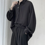 FOESCE Korean Style Men's Long-sleeved Shirts Black Tie Cozy Casual Solid Oversize Blouses Breathable Loose Shirt Harajuku Male Clothes