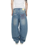 Foesce Streetwear Jeans Y2K mens Pants Harajuku Hip Hop Letter Embroidery Vintage Blue Baggy Jeans High Waist Wide Leg Trouser
