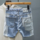 Slim Straight Jeans Shorts Men Personality Multi Pocket Mixed Color Stitching Patch Ripped Hole Denim Shorts Male Streetwear