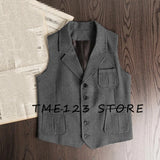 FOESCE Men's Retro Herringbone Pattern Vest Men's Suit Collar Vest Slim-fit Tweed Vest Wedding Vest Men