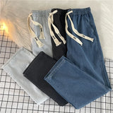 FOESCE Men's Denim Jeans High Street Sle Dstring Elastic Wide Leg Long Pants Loose Casual Straight Leg Trousers