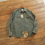 FOESCE Retro Waed Distred Blue Vertical Stripes Trendy Men's Long Sve Denim irt Loose American Sle Workwear Jaet