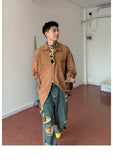 FOESCE American vibe style pants, high street trendy brand, yellow mud dyed washed distressed jeans, men's retro street wide leg long p