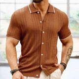 Men's Light Luxury Button-down Leisure Knitted Polo Shirt Popular Retro Solid Color Short Sleeve Chic Fashion Patchwork Knitwear