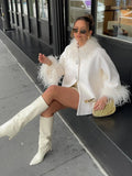 FOESCE Elegant Feather Collar Cape Coats For Women Casual Solid Single Breasted Jackets Lady Autumn Chic Loose High Street Outwear Tops