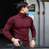 FOESCE New Men's Turtleneck Sweaters Autumn Knitted Striped Streetwear Warm Long Sleeved Pullover Solid Color Basic Style Casual Tops