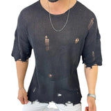 FOESCE 2025 Summer New Men's Solid Color Sweater Round Neck Short Sleeve Hollow-out Pullover Sweater Top Shirts