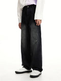 FOESCE 2025 Relay's new Korean version of loose fitting straight mid rise denim jeans with stitching and buckle design for men and