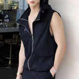 FOESCE Mens Y2k Functional Multi-Pocket Casual Hooded Vest 2025 New Genderless Fashion Loose Solid Color Sleeveless Tank Top Unisex