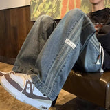 FOESCE Three bar American retro jeans men's spring and autumn new style high street elastic waist loose casual men's straight leg long