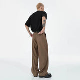 FOESCE Mens Y2k Pleated Casual Pants Genderless Fashion Youth Street Retro Solid Color Loose Couple Floor-Length Wide-Leg Pants Unisex