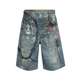 FOESCE 3D Print Patchwork Baggy Jeans Shorts for Men Streetwear New Summer Wide Leg Patchwork Casual Loose Knee Length Pants Oversized