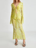 FOESCE Y2k Women Sheer Mesh  Fairy Grunge Tie Up Ruffle V Neck Beach Dresses Aesthetic Tassel 2 Piece Skirt Set Summer (Long