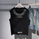 FOESCE Mens Vest Cotton Trendy Letters Print Chic Tank Tops American High Street Fashionable Sports Casual Sleeveless Tops Summer New