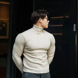 FOESCE New Men's Turtleneck Sweaters Autumn Knitted Striped Streetwear Warm Long Sleeved Pullover Solid Color Basic Style Casual Tops