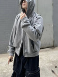 Heavy Weight Solid Double Zipper Hooded Sweatshirt Simple Versatile Men's Autumn Winter New Casual Loose Multiple Pockets Hoodie