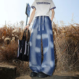 FOESCE Men  Relaxed Elastic Drawstring Waist Washed Wide Leg Floor Length Jeans Casual Comfortable Baggy Trousers Trendy Fashion 2025