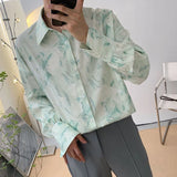 FOESCE Fashion Street 3D Printed Loose Collar men's Long Sleeve Top Simple Design Floral Pattern Shirt  Loose men's Long Sleeve Shirt