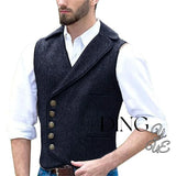 FOESCE Men's 5 Button Herringbone Tweed Waistcoat Tailored Collar Suit Vest