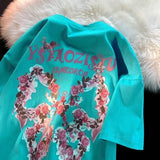 American Style Retro Loose Rose Butterfly Angel Printing Short Sleeve T-shirt for Men and Women Lovers Summer Loose Casual Top