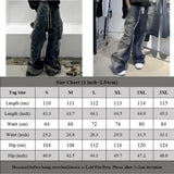FOESCE Men Multi-pockets Pants Gradient Ribbons Drawstring Jeans Baggy Oversized Cargo Trousers Fashion Streetwear Loose