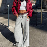 FOESCE American Retro College Style Loose Fit Two-Piece Set with Double Waist Head Fake Bathroom Pants for Sports Leisure 2025 Fashion