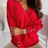 FOESCE 2025 loose Women's Clothing Pullovers Jumpers Spring Autumn New Casual Loose Solid Button V-Neck Long Sleeve for Women Sweaters