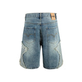 FOESCE High Street Washed Stars Patchwork Baggy Jeans Shorts for Men Wide Leg Straight Casual Denim Five Point Pants Oversized