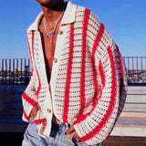 Men's Sweater Clothing European and American Fashion Casual Hollow Woven Knitted Sweater Versatile Striped Cardigan Sweater
