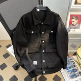 Punk Japanese Denim Jacket Men's Workwear Autumn Winter Trend Button Up Coat Versatile Loose Jacket Casual Handsome Black Top