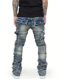 New Retro Cargo Jeans Men Stretchy Ripped Washed Y2k Pants Straight Leg Male's Patched Denim Trousers