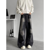 FOESCE Jeans Men baggy Wide Leg Washed Marble Jeans Vintage Comfort Denim Pant Relaxed Fit Casual Trousers Trend Streetwear Urban Style