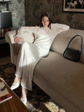 FOESCE Spring Autumn O-Neck Elastic Knit Long Dresses Women 2025 Elegant Chic Soft Lady Hollowing Sweater Dresses Femme New