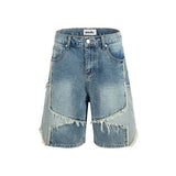 FOESCE High Street Washed Stars Patchwork Baggy Jeans Shorts for Men Wide Leg Straight Casual Denim Five Point Pants Oversized