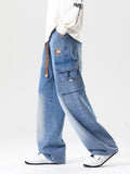 FOESCE 2025 Autumn New Men's Cargo Jeans Big Size 8XL 7XL 6XL String Banding Cotton Wide Leg Denim Pants Straight Baggy Jean Trousers