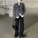 FOESCE American Street Niche Deconstructed Stand-Up Collar Sweater Men'S Destroyed Design Sense Wool Coat Metal Button Trend Y2k Jacket