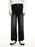 FOESCE 2025 Relay's new Korean version of loose fitting straight mid rise denim jeans with stitching and buckle design for men and